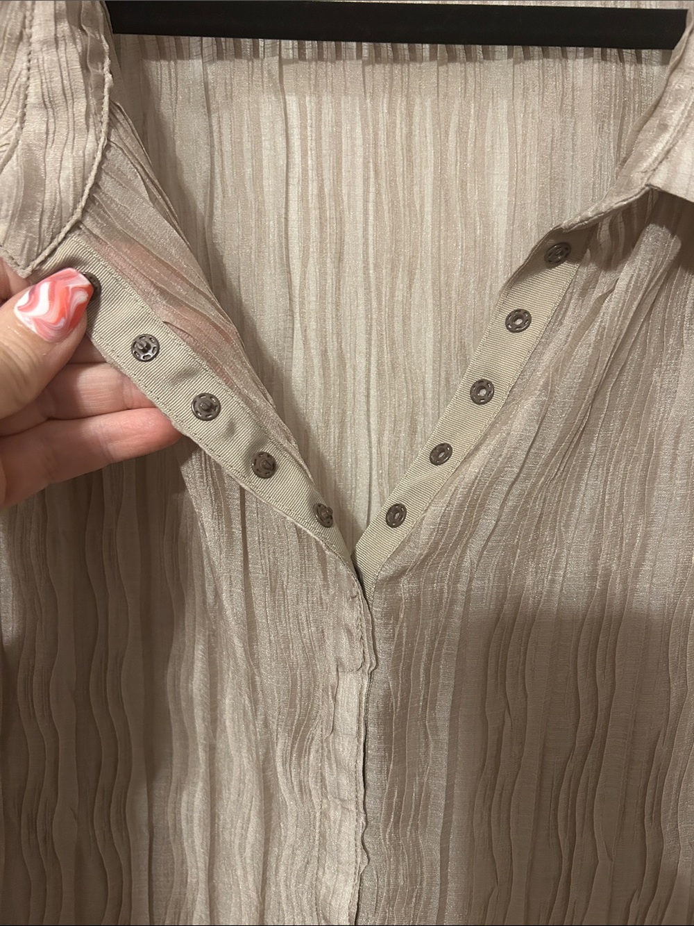 GeeGee Taupe Crinkle Button-Down Blouse - Picture 6 of 6
